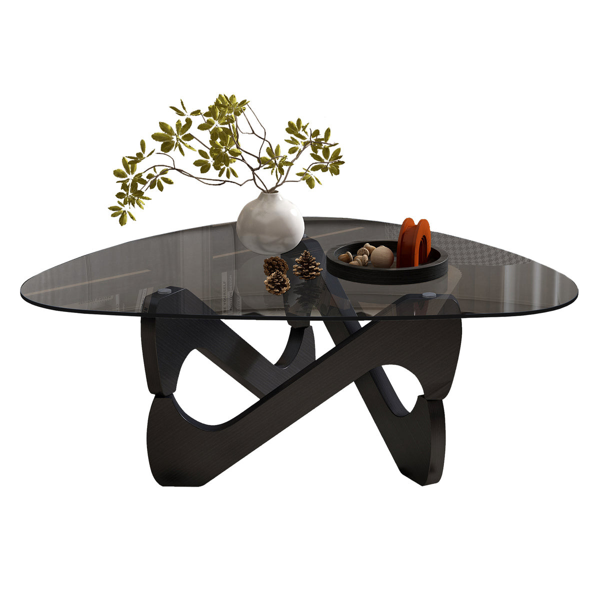 Black Mid-Century Glass-Top Pebble Coffee Table, 32.3 in, 14 in Tall