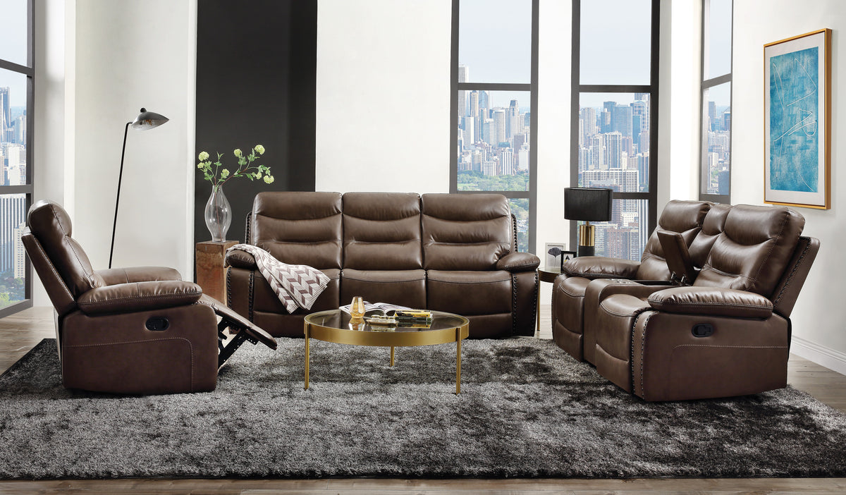 Brown Vegan Leather 3-Piece Reclining Living Room Set with Console