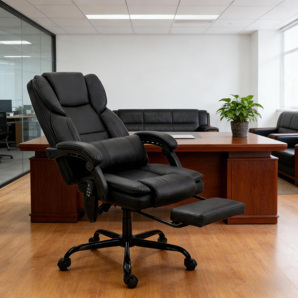 Black Vegan Leather Office Chair, Massage, Reclining, 264 lb