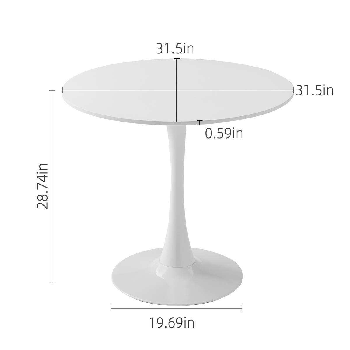 Dimension diagram of round dining table, 31.5 inch top, 28.74 inch height, white tulip base