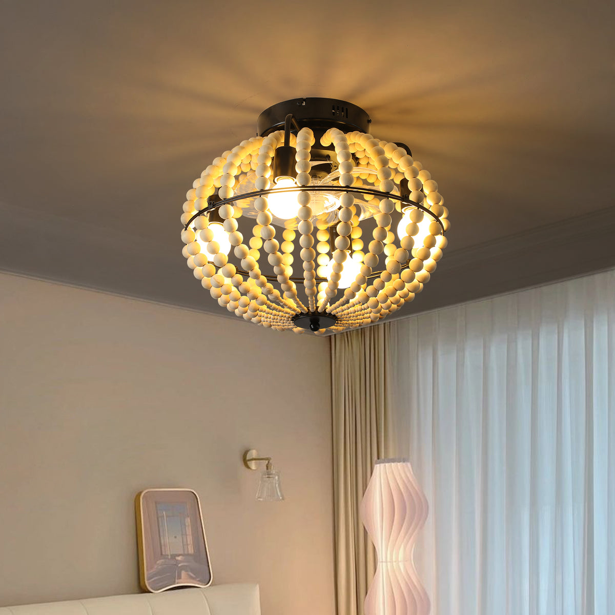 White Flush Mount Ceiling Light, 18 in, Wood Shade