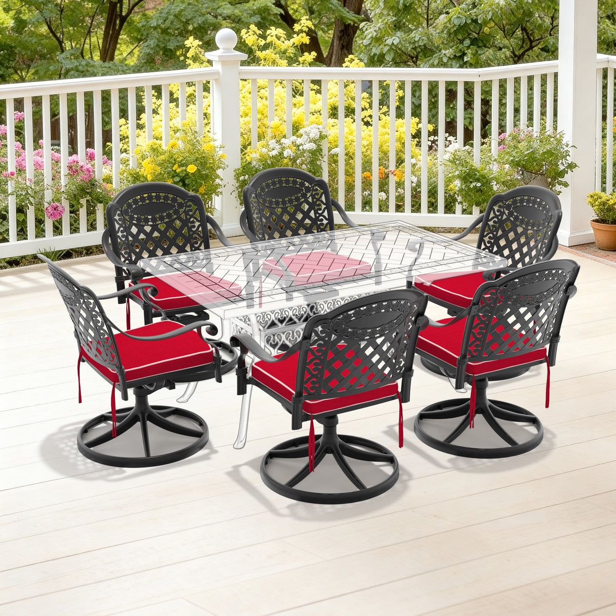 Black Aluminum Outdoor Swivel Chair with Red Cushions, Set of 6