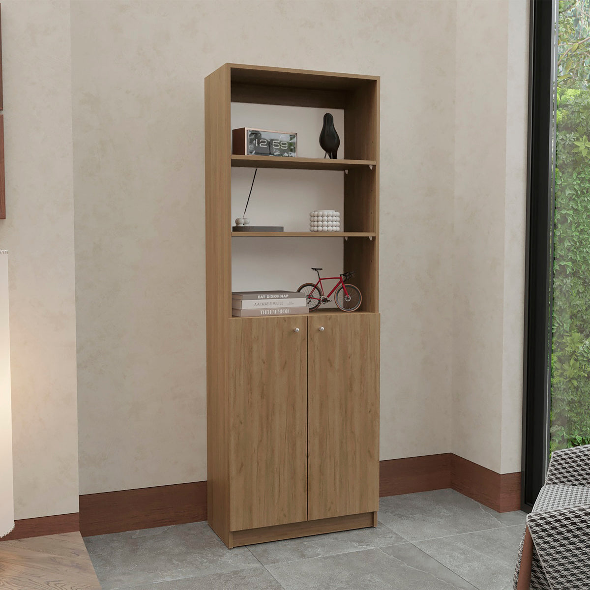 Modern Storage Cabinet, 2 Doors, 71.1 in Tall, Beige, 24.7 in Wide