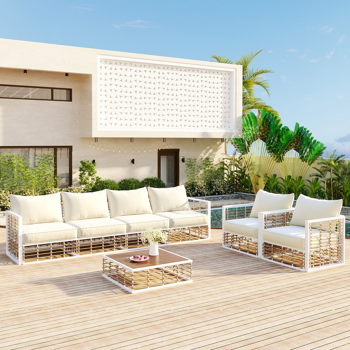 White Metal 7-Piece Outdoor Sectional Set with Cushions
