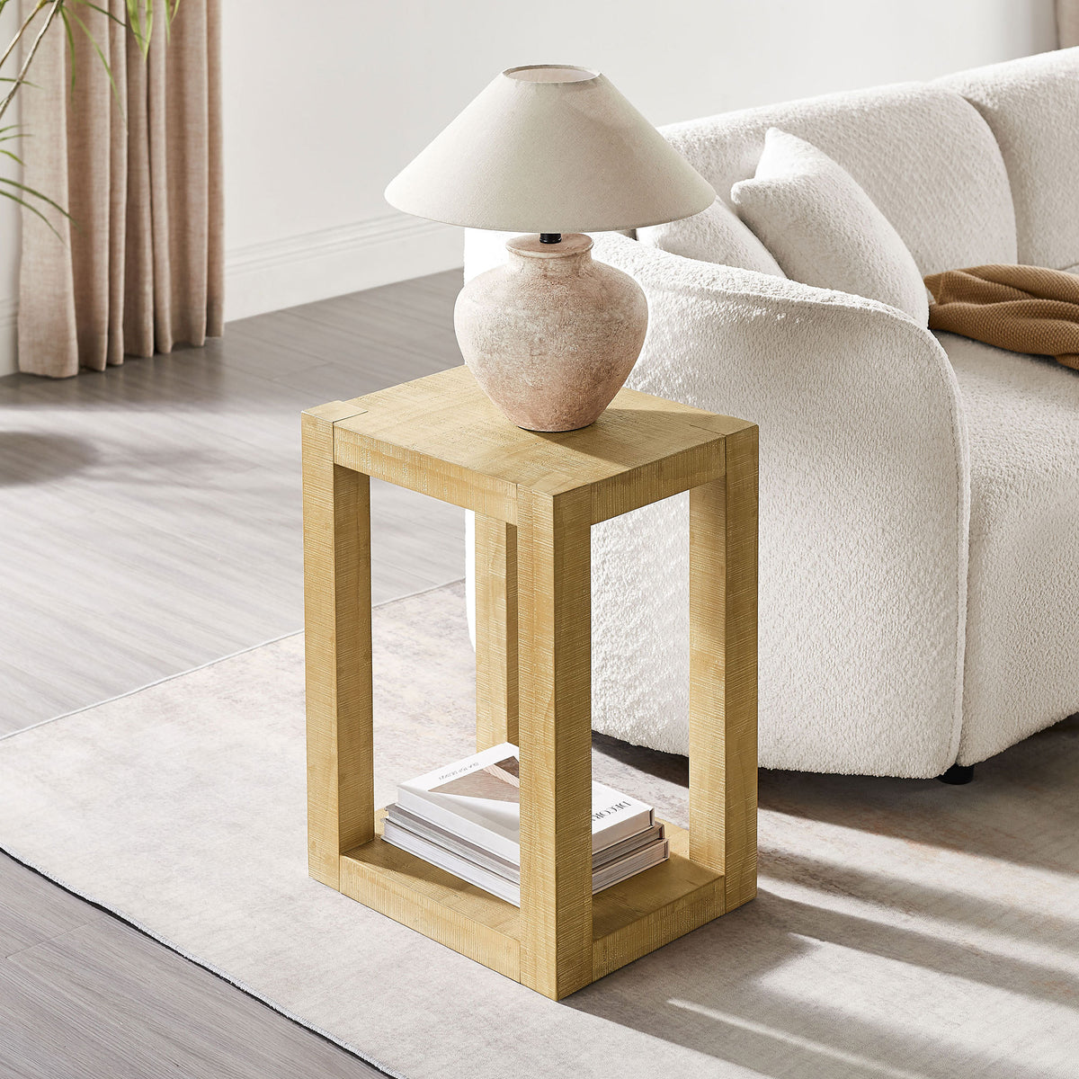 Natural Open-Frame Rectangular Side Table with Shelf, 14 in