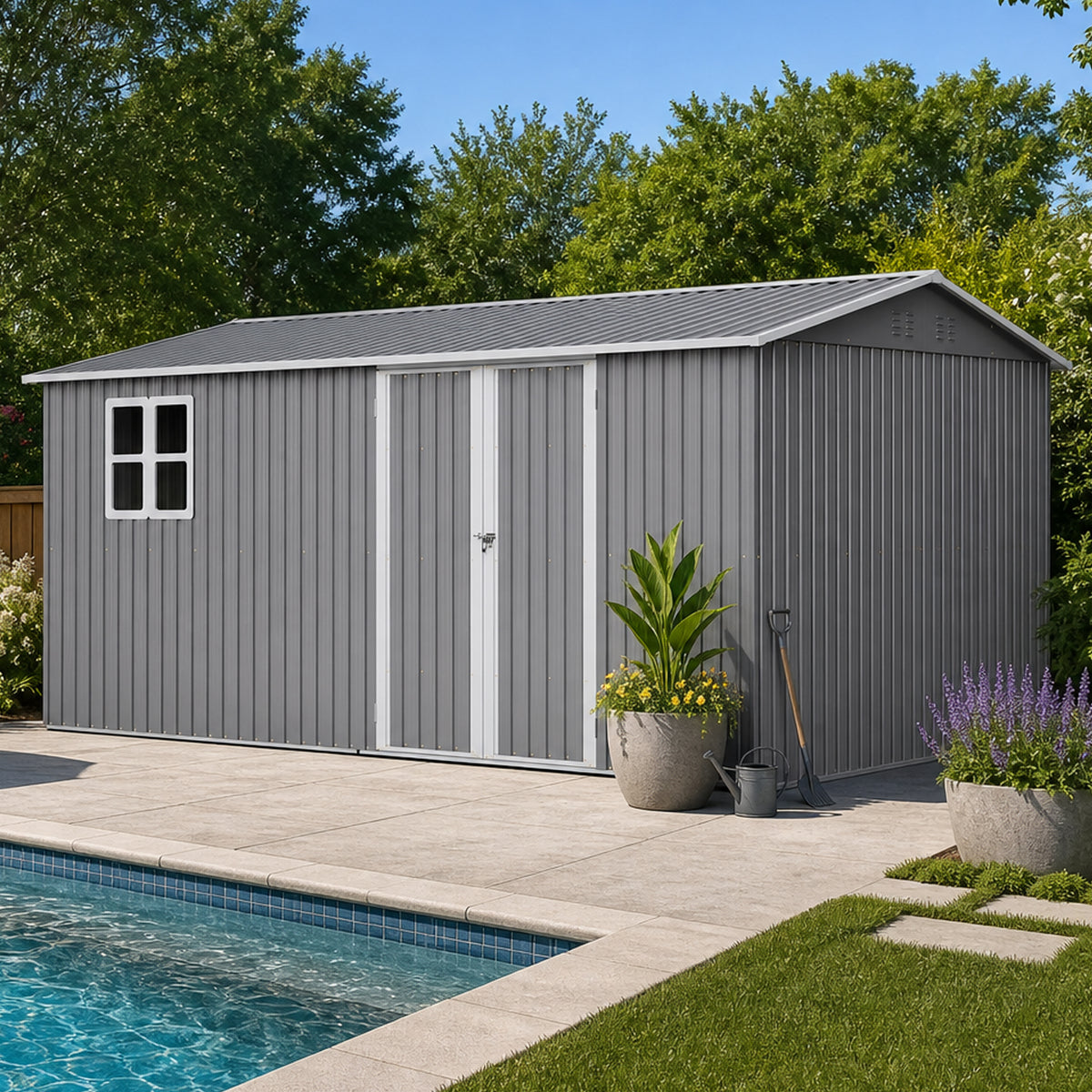 10x14 ft Gray Metal Storage Shed