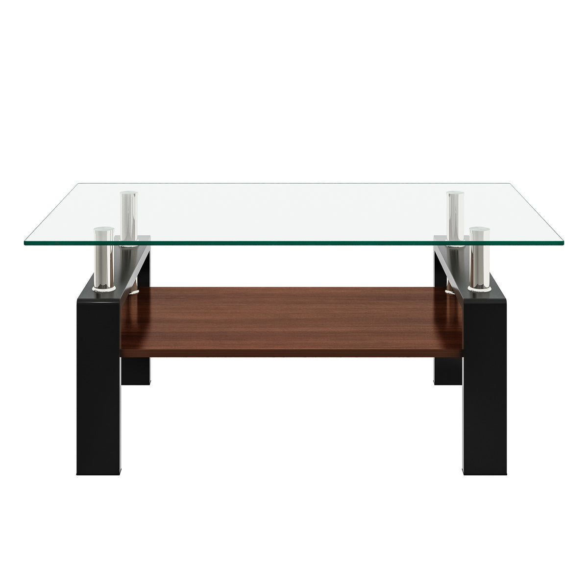 Clear and Black Glass-Top Rectangular Coffee Table with Shelf, 39.2 in