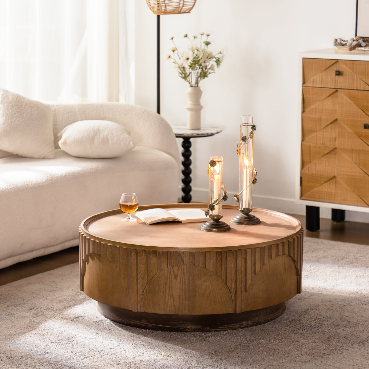 Natural Carved Fluted Round Coffee Table, 36.2 in