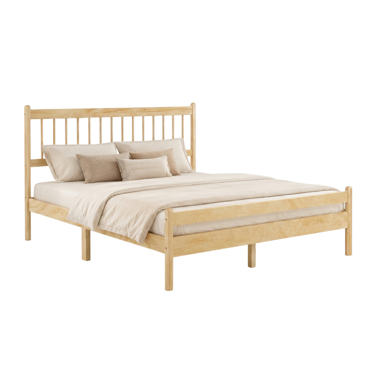 Product shot of the natural pine spindle bed with cream bedding on a white background