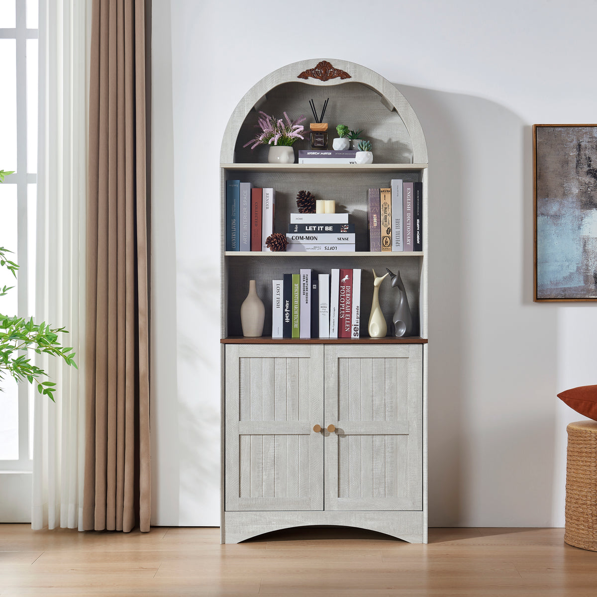 Arched Storage Cabinet, Adjustable Shelves, 70.9 in Tall, Light Gray