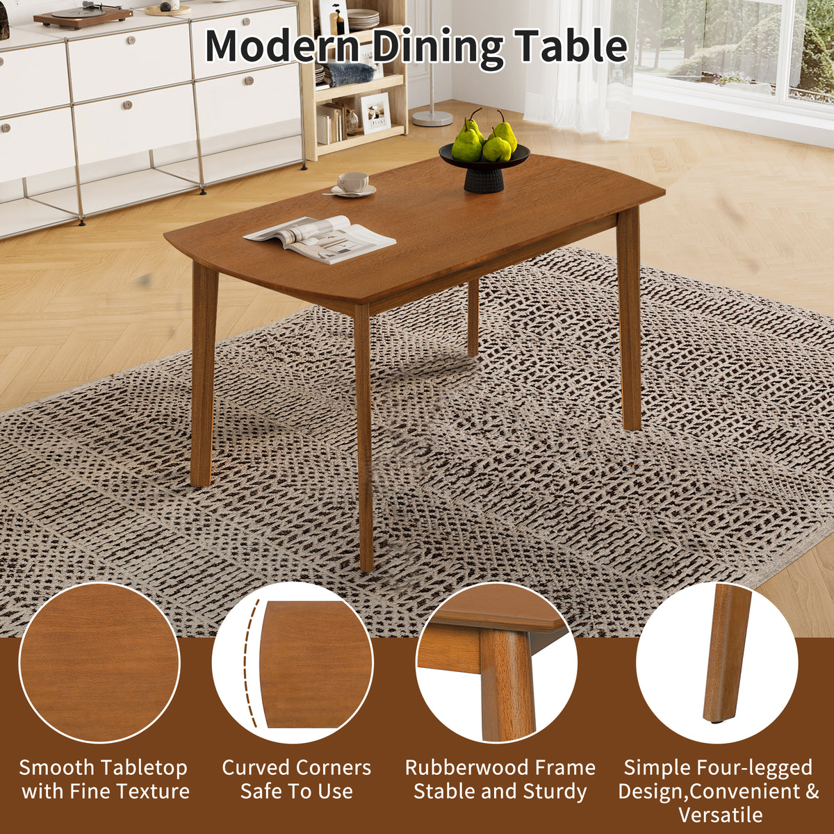 Feature graphic of the modern dining table highlighting smooth tabletop, curved corners, solid wood frame and four legs