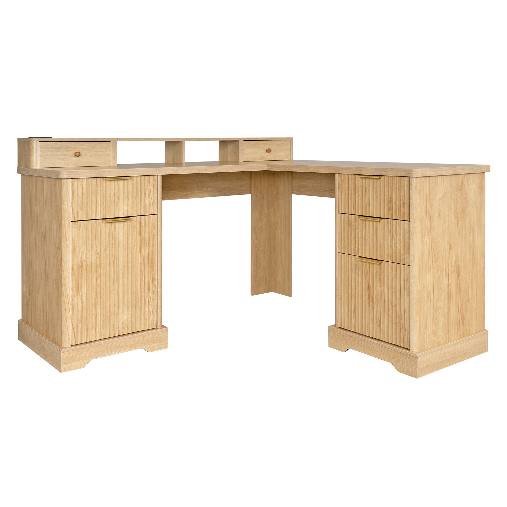 Minimalist Fluted Computer Desk, Charging Station, 5 Drawers, L-Shaped, 59.2 in, Oak