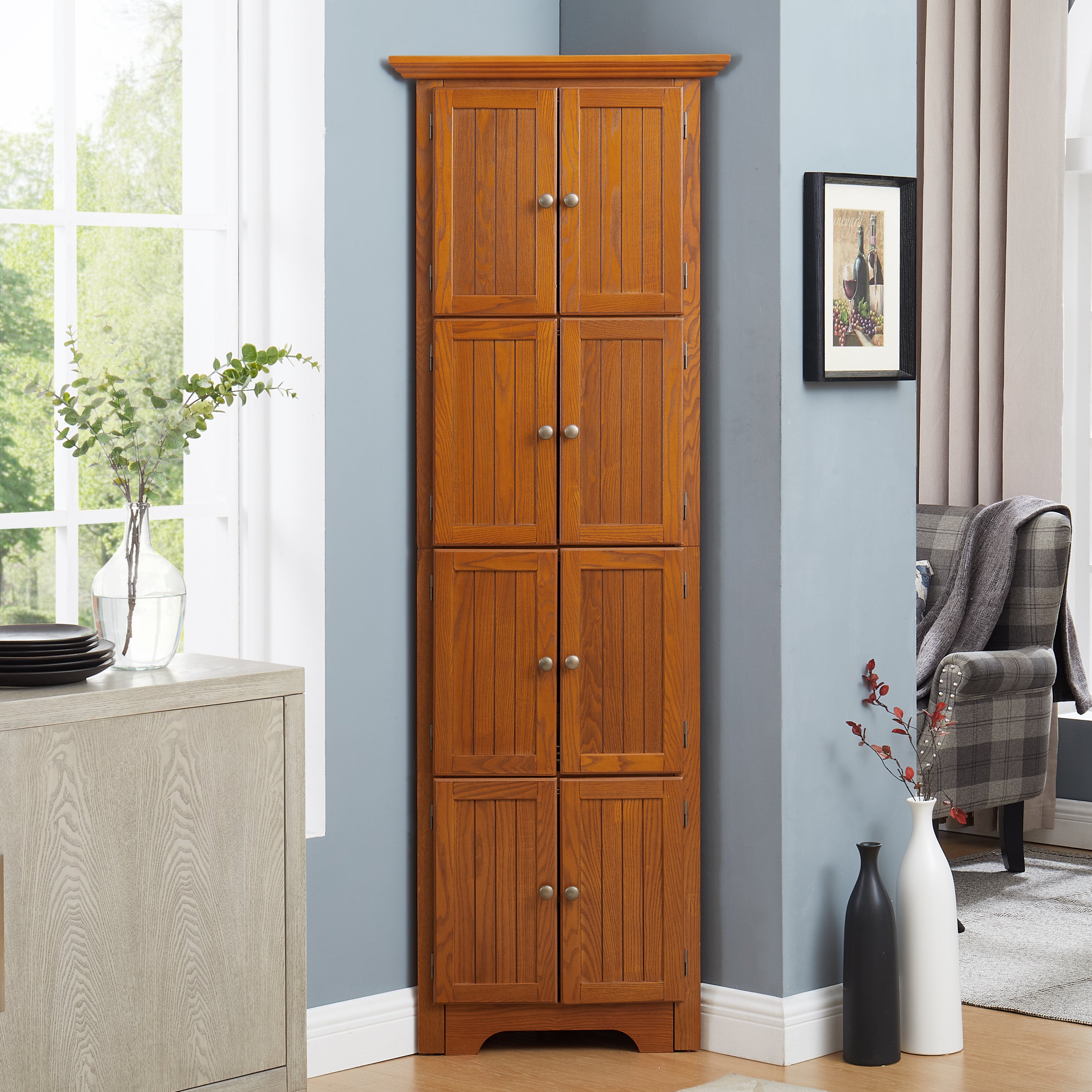 Corner Farmhouse Storage Cabinet, 8 Doors, 72 in Tall, Oak