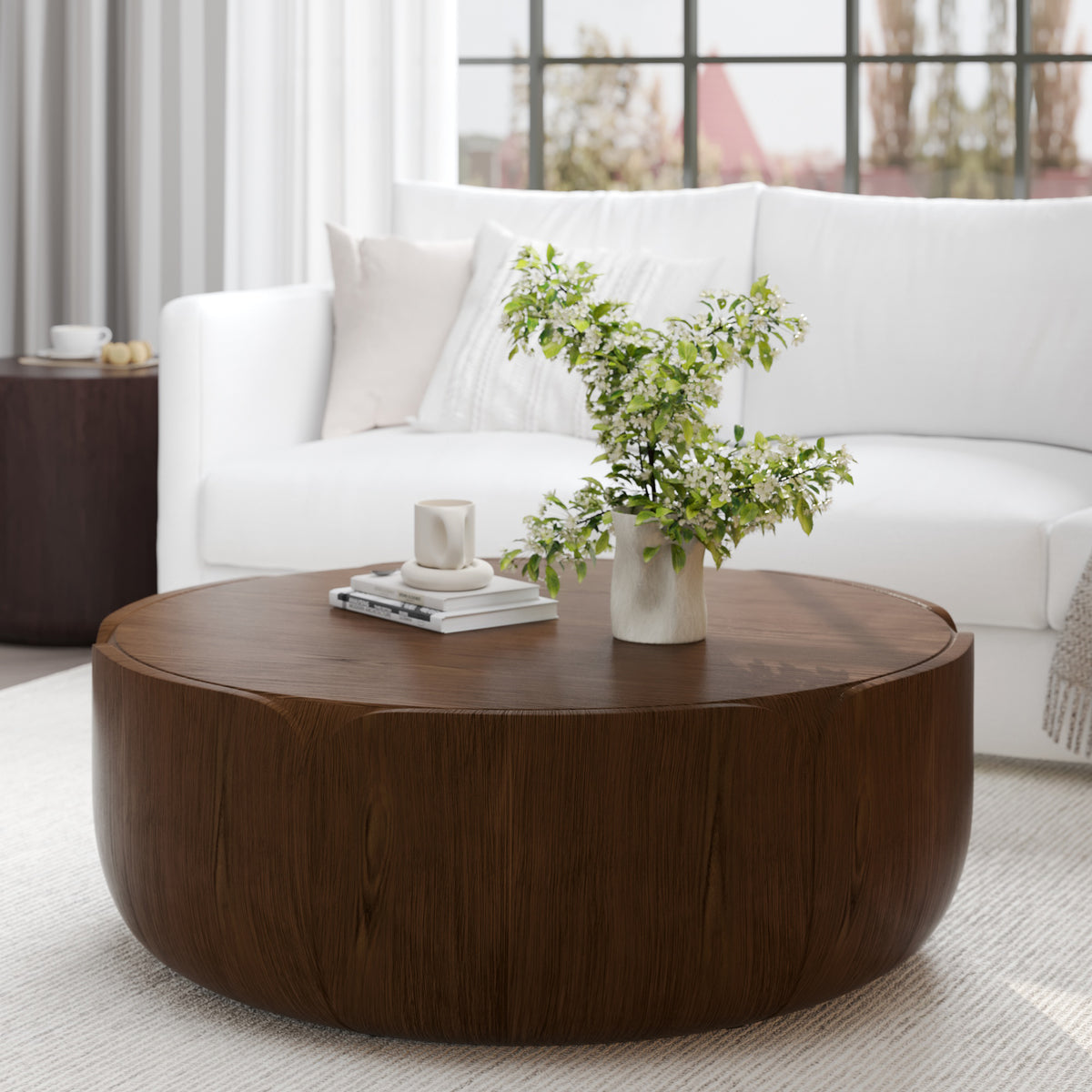 Brown Wood-Look Round Indoor Outdoor Coffee Table, 35.6 in