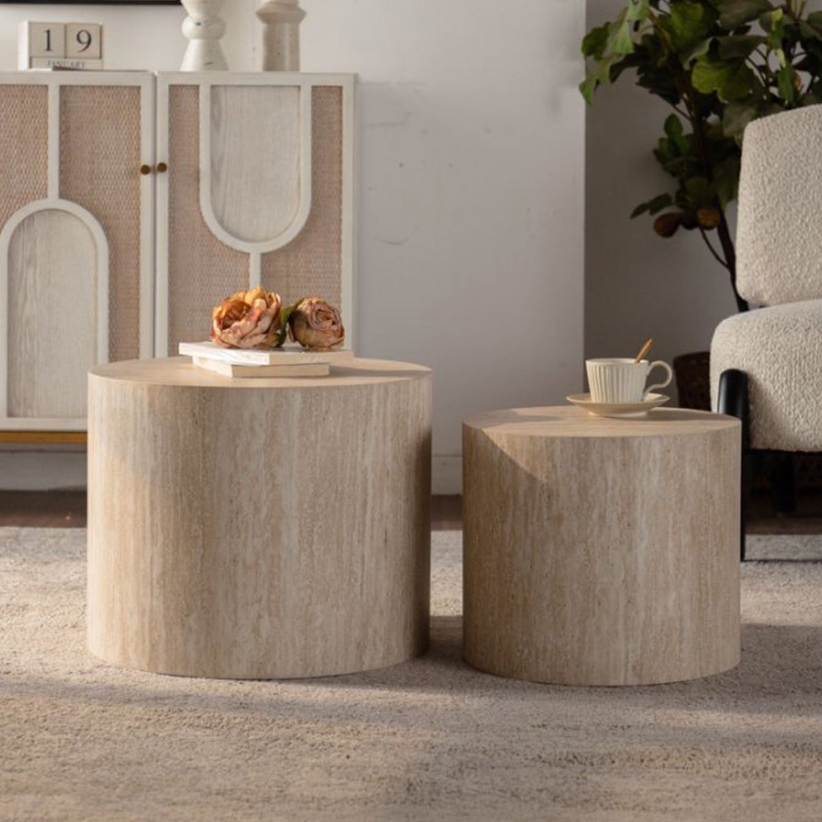Beige Travertine-Look Round Drum Coffee Table, Set of 2, 18.9 in