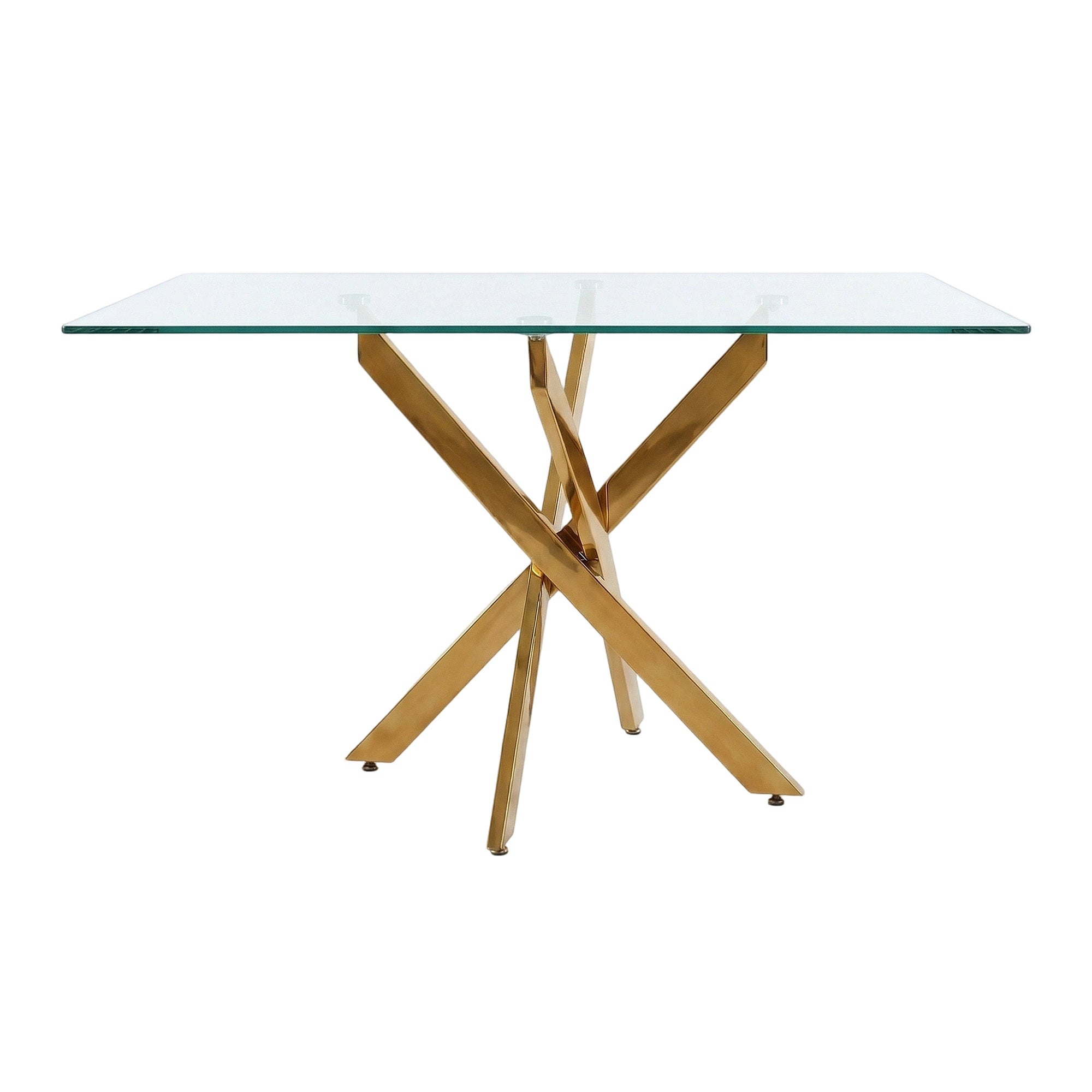 Front studio view of the rectangular glass dining table with gold crisscross legs