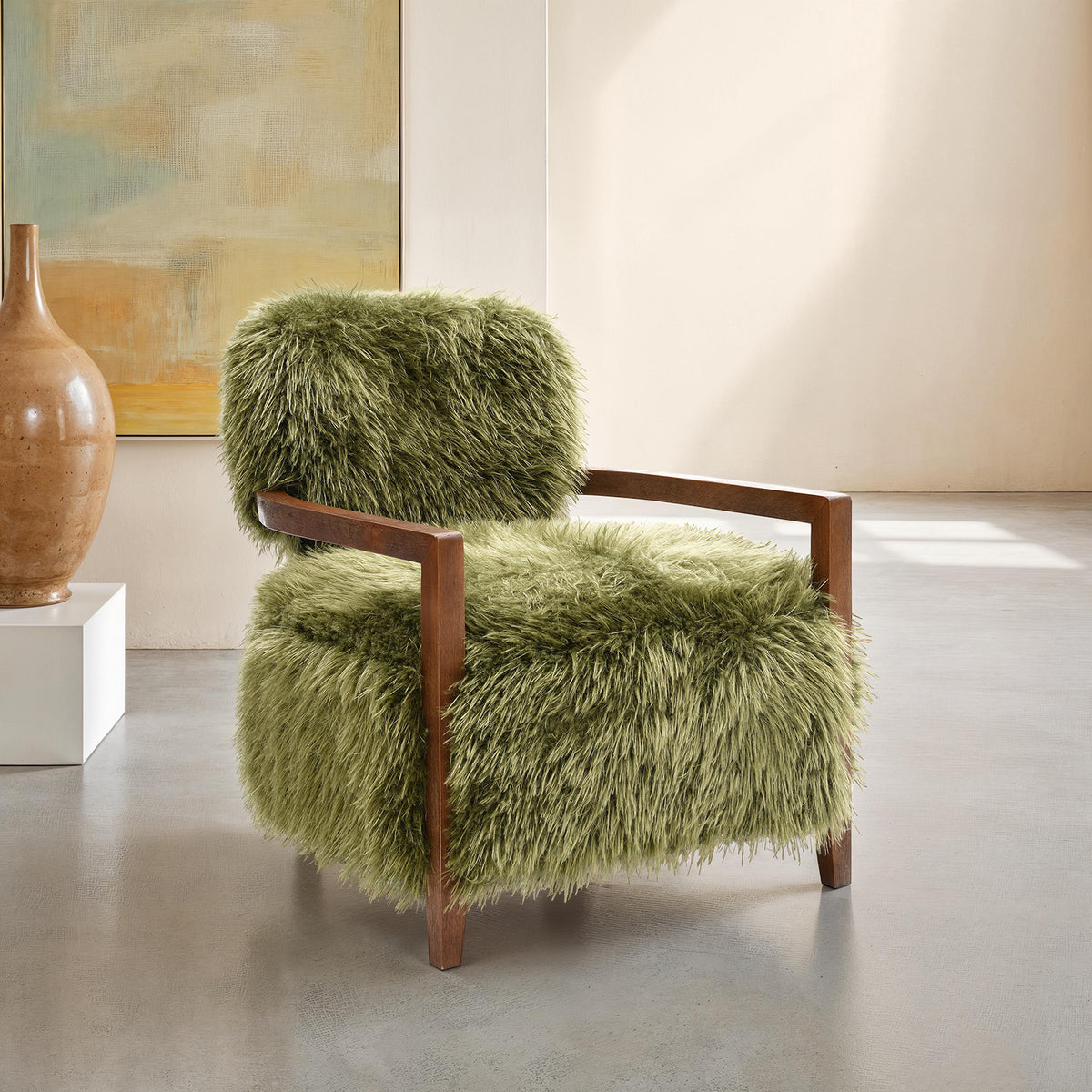 Green Plush Accent Chair, Long Pile