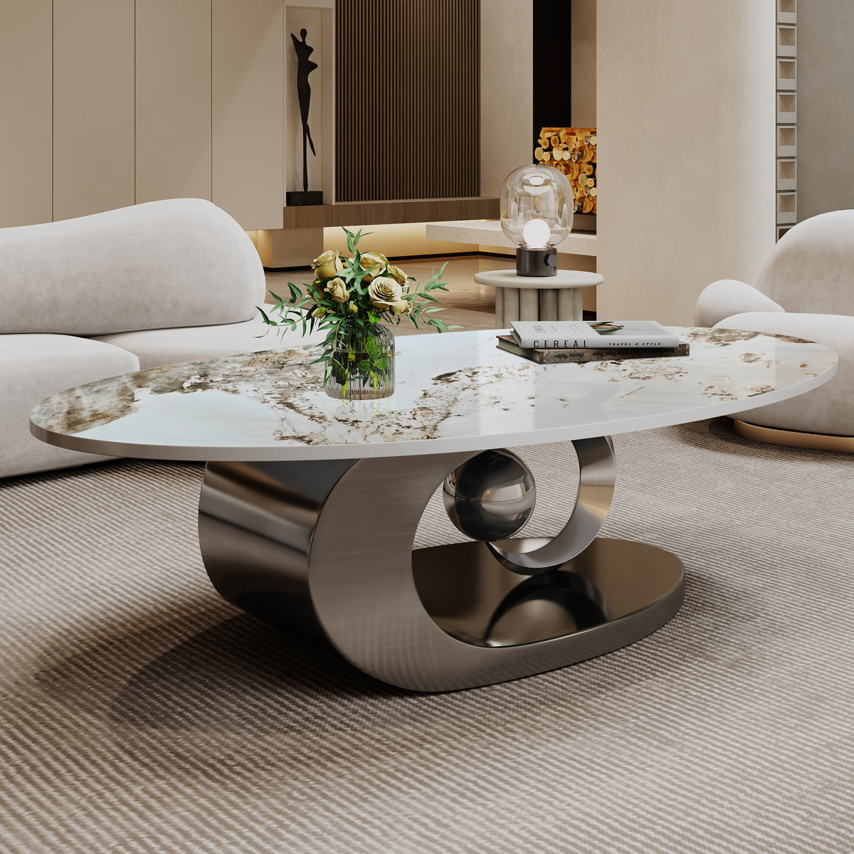 White Sintered Stone Oval Coffee Table with Ring and Sphere Base, 49.2 in