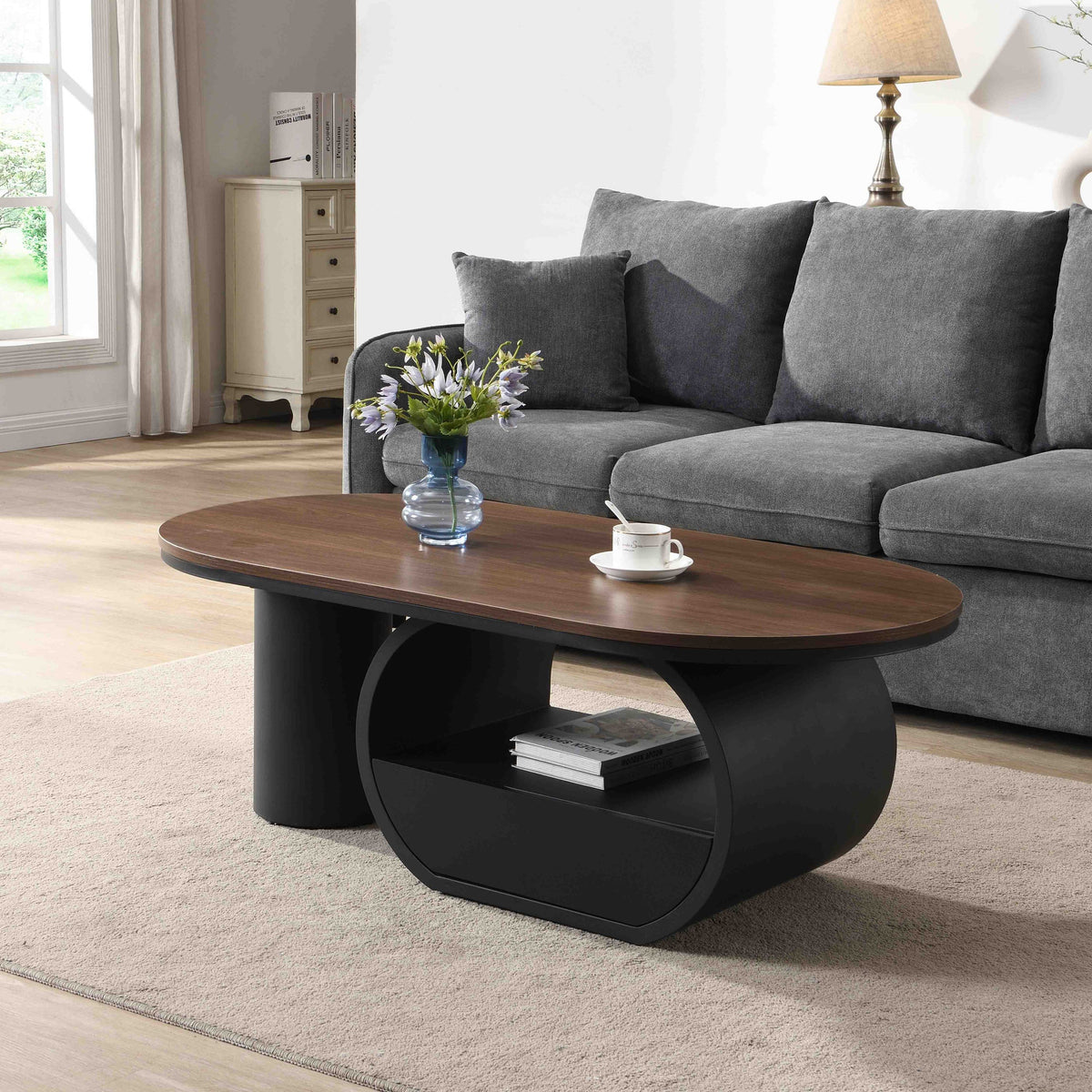Walnut and Black Oval Coffee Table with Drawer and Shelf, 47.2 in