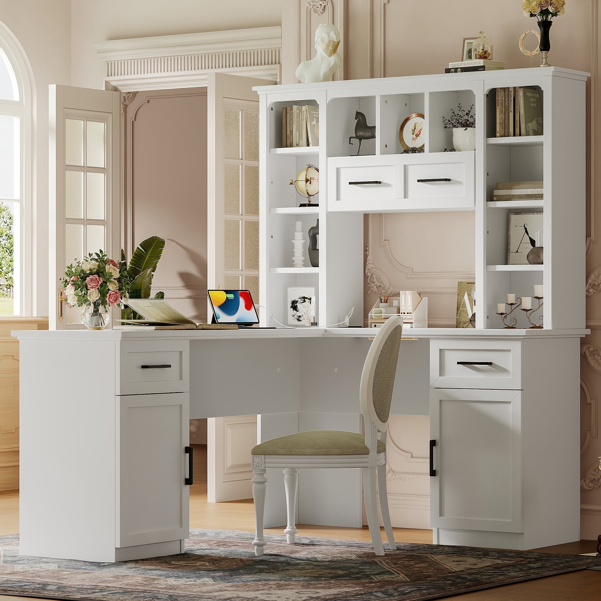 Computer Desk, 2 Drawers, L-Shaped, 65 in, White