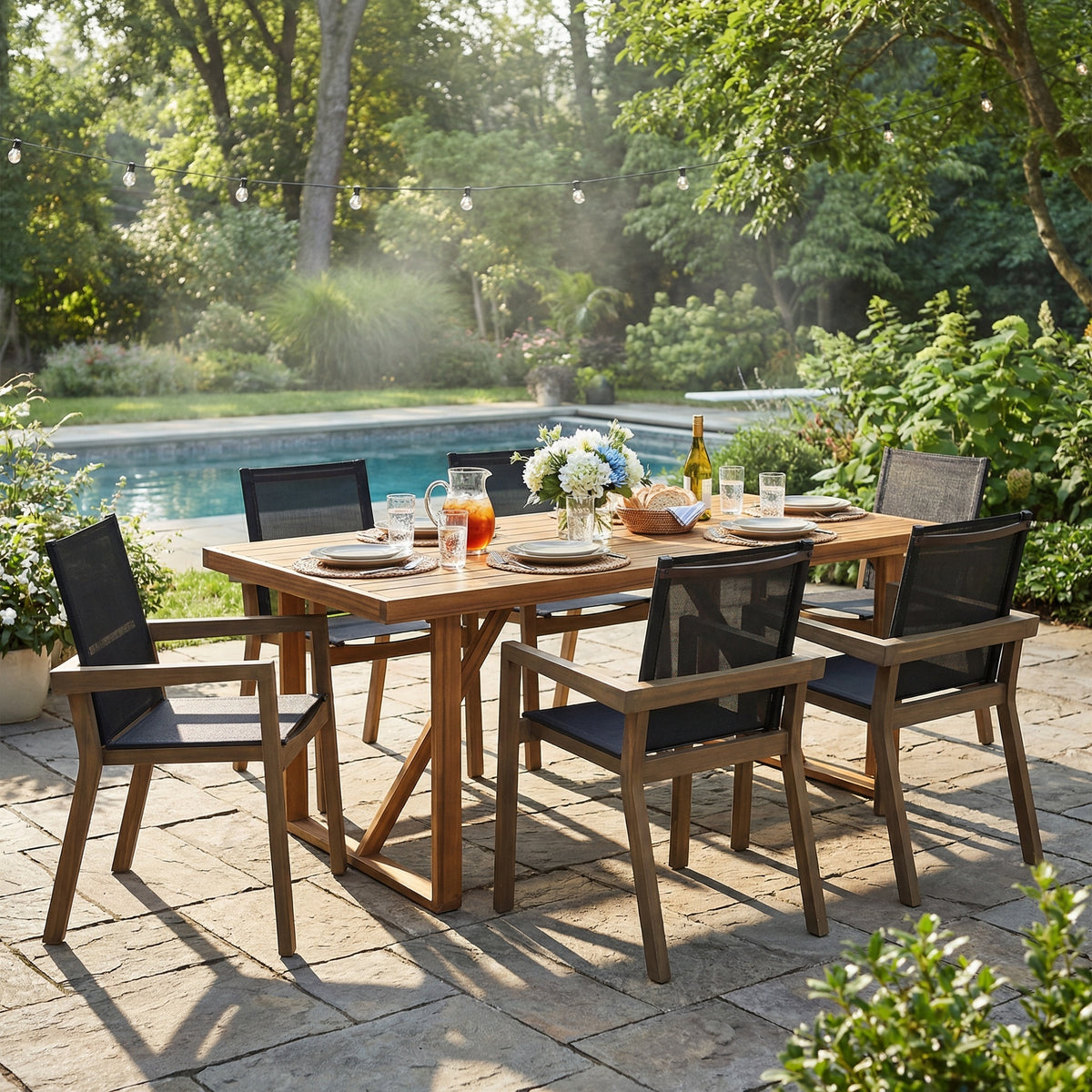 Solid Wood 7-Piece Patio Dining Set for 6, Gray and Teak