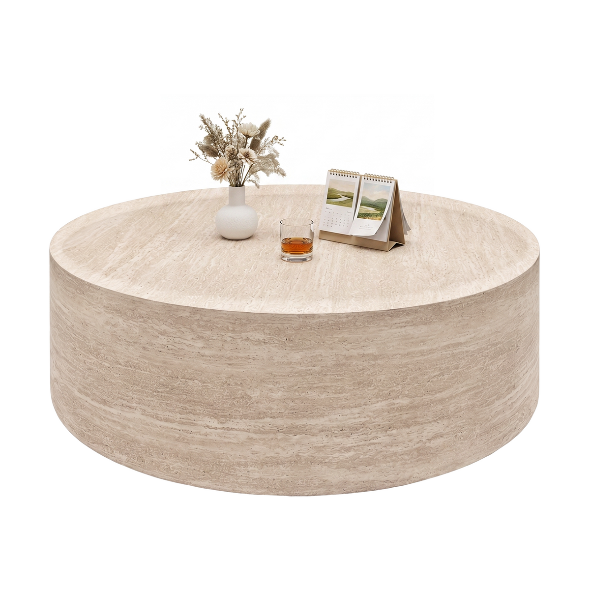 Beige Travertine-Look Round Drum Coffee Table, 39.4 in