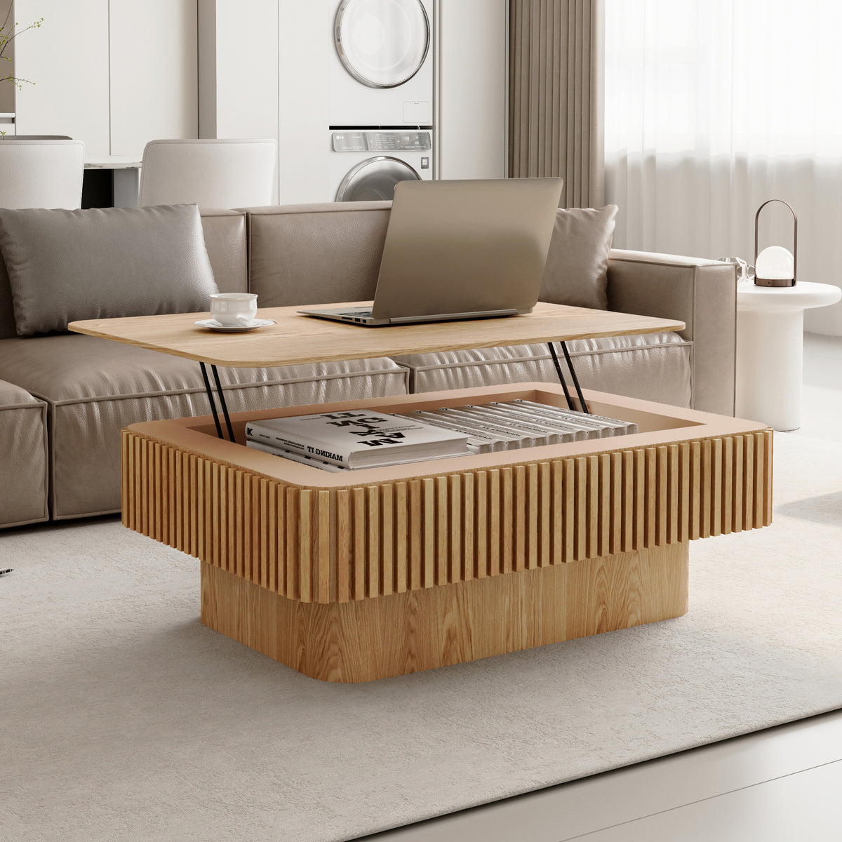 Natural Fluted Rectangular Lift-Top Coffee Table with Storage, 38.6 in