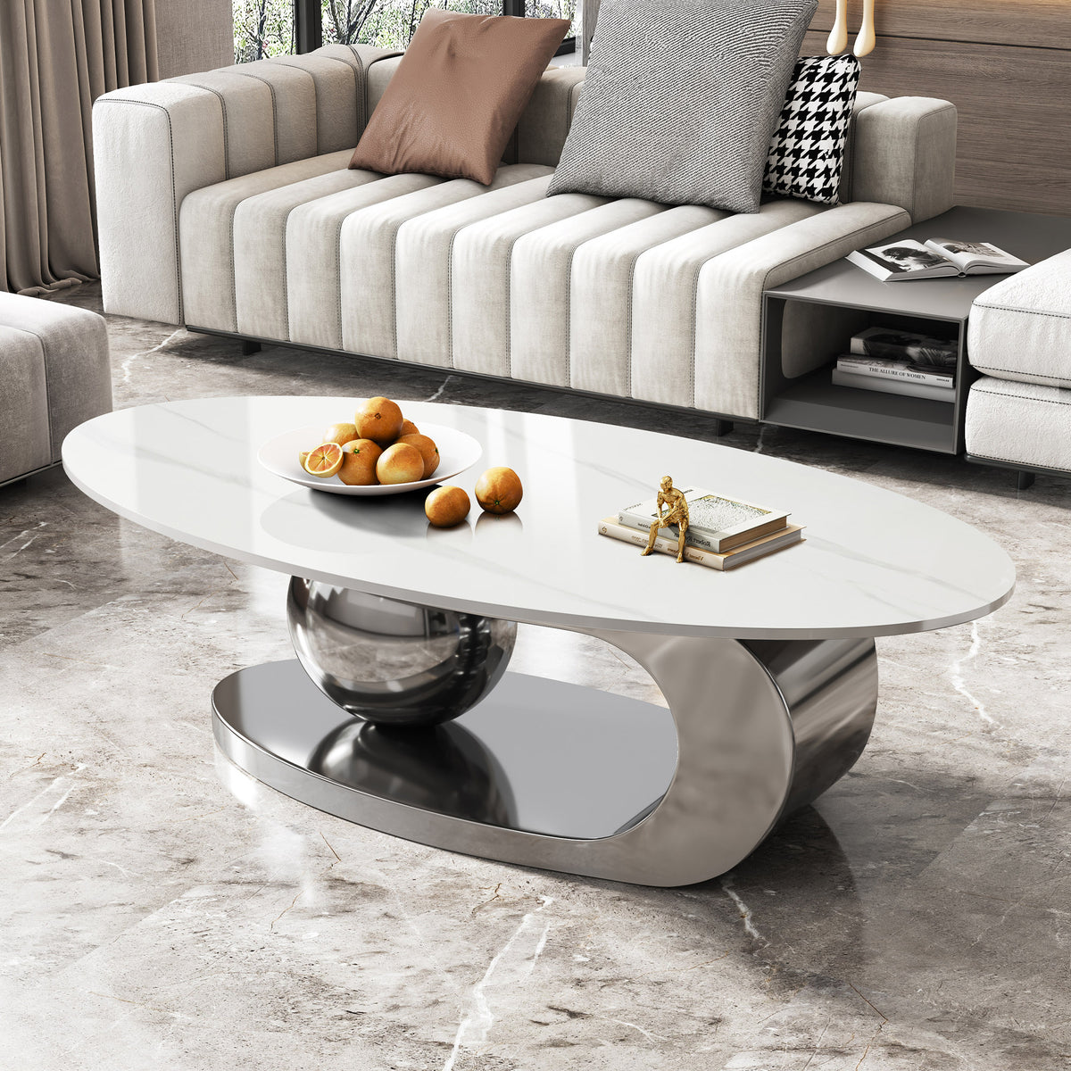 White Sintered Stone Oval Coffee Table with Gray Ball Base, 49.2 in