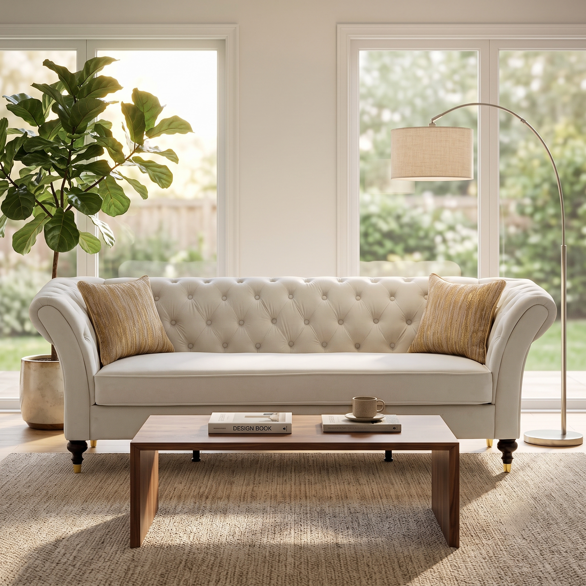 Cream 3-Seat Tufted Chesterfield Sofa, 88.5 in Wide