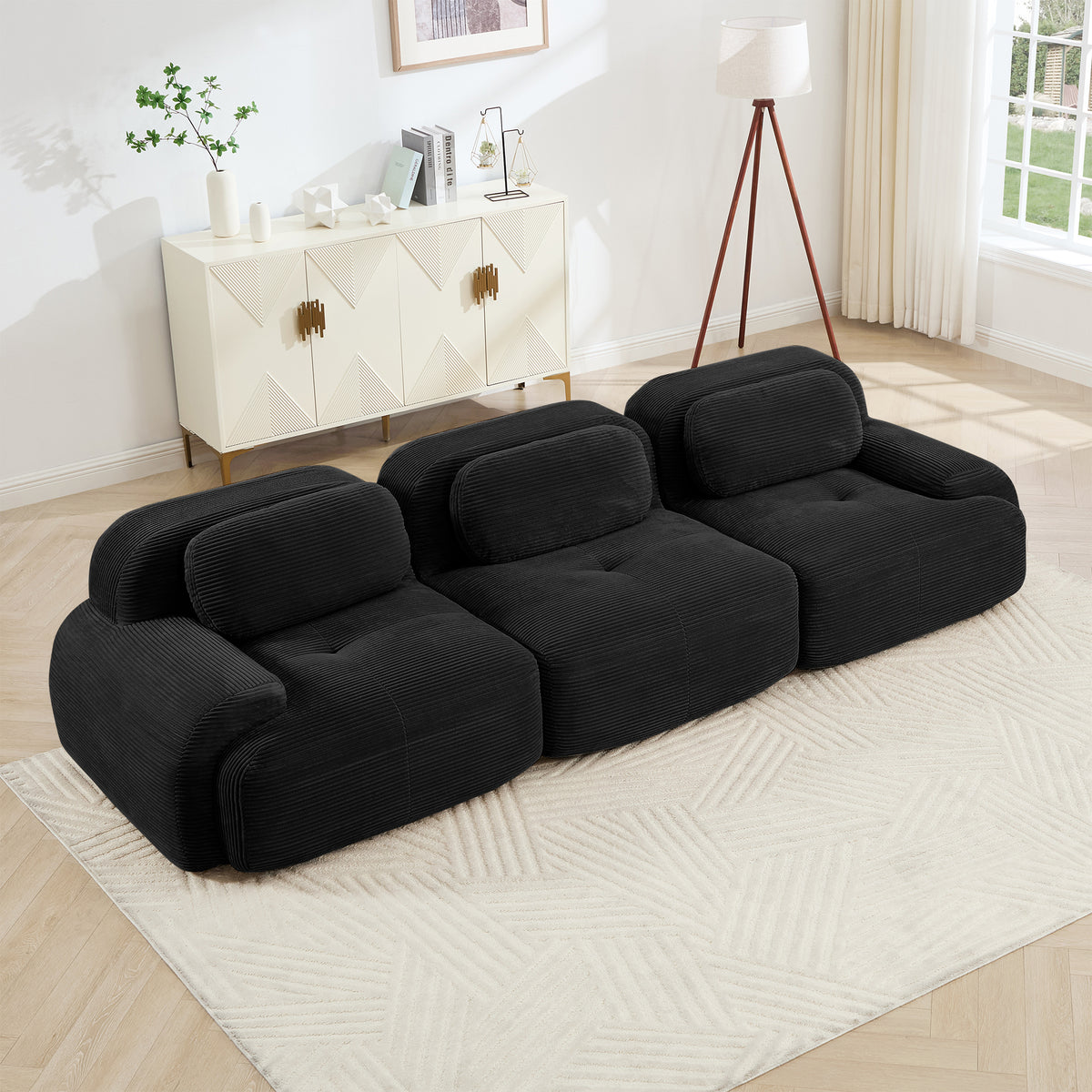 Black Corduroy Modular 3-Seat Curved Sofa