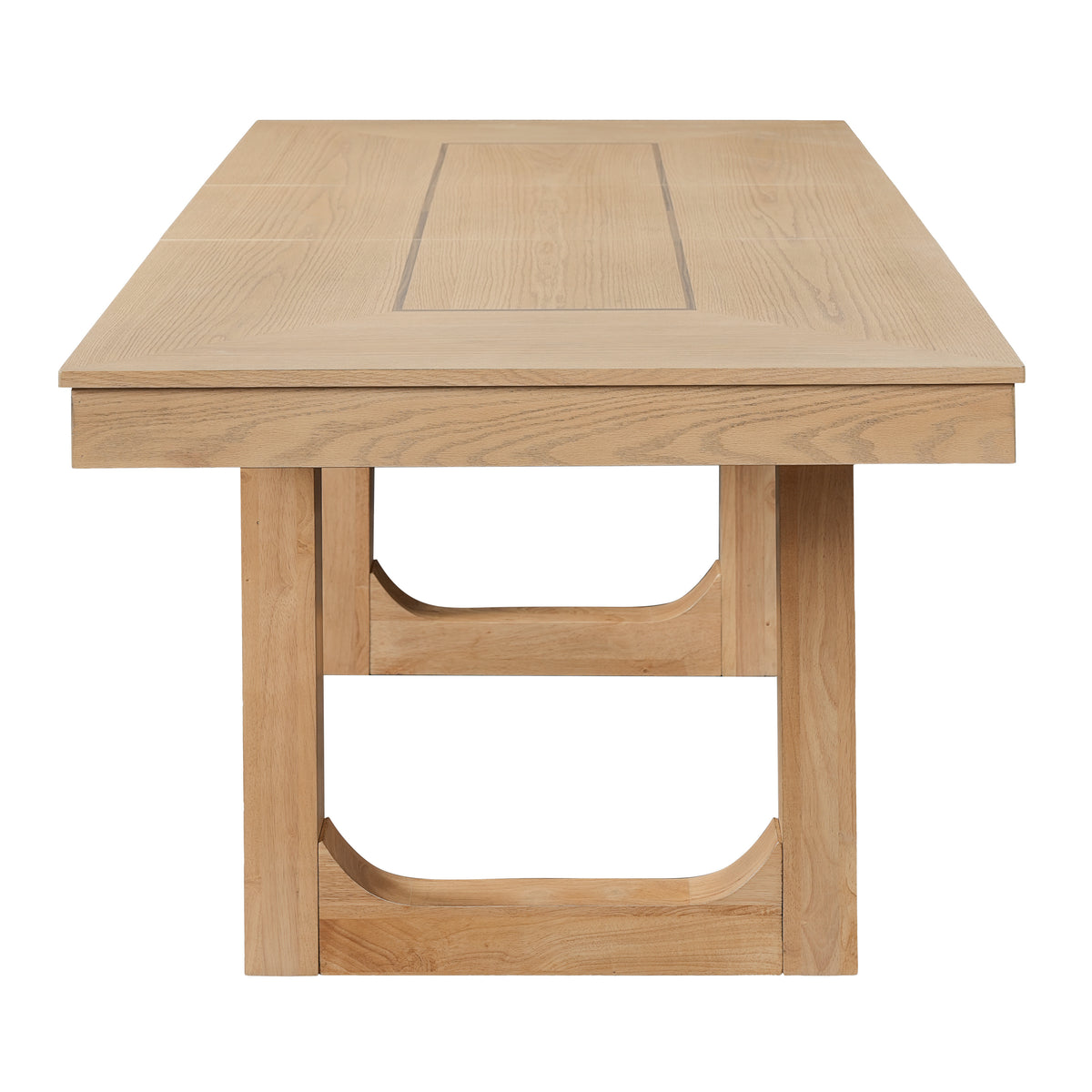 End view of the natural oak farmhouse dining table showing the U-shaped legs on white