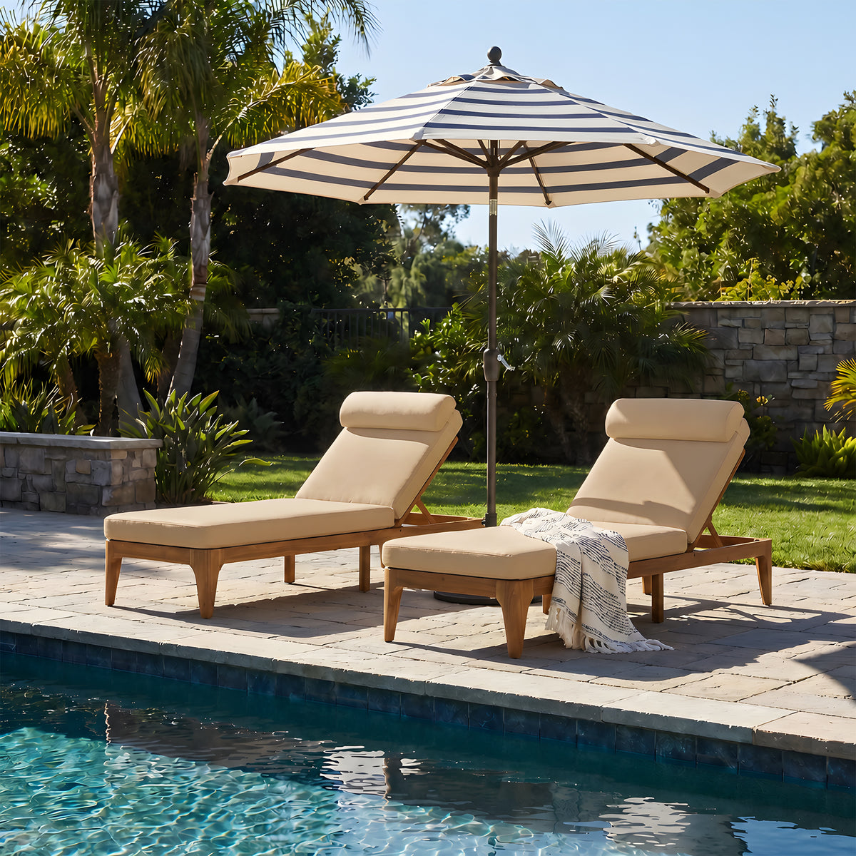 Solid Wood Adjustable Outdoor Chaise Lounge with Brown Cushions, Set of 2