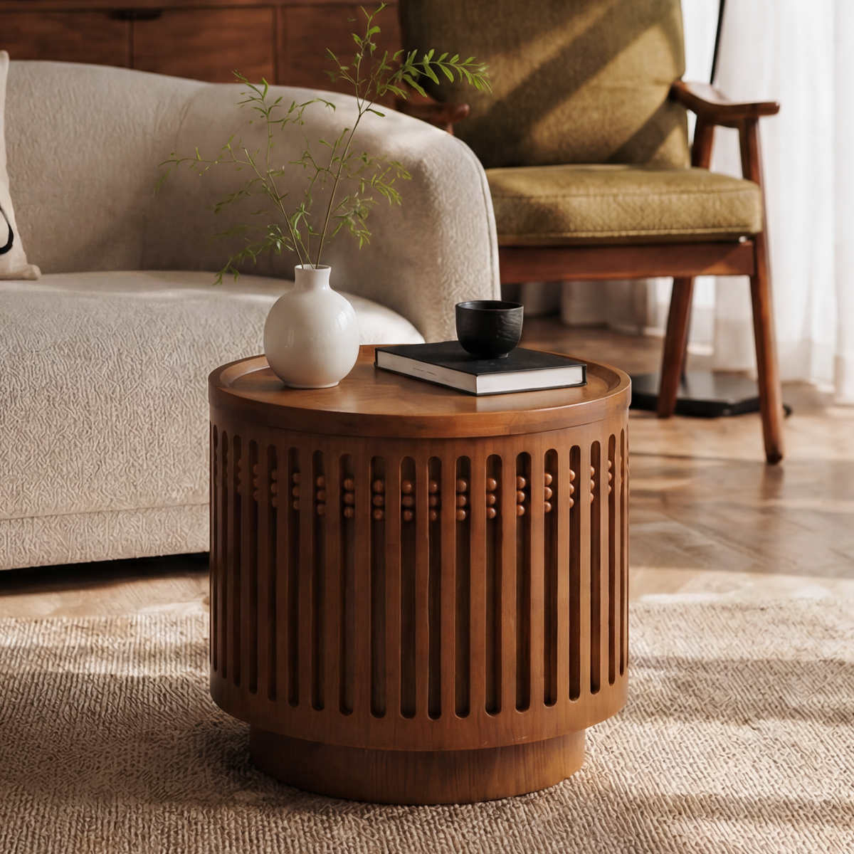 Walnut Slatted Round Drum Side Table with Hidden Storage, 18.9 in