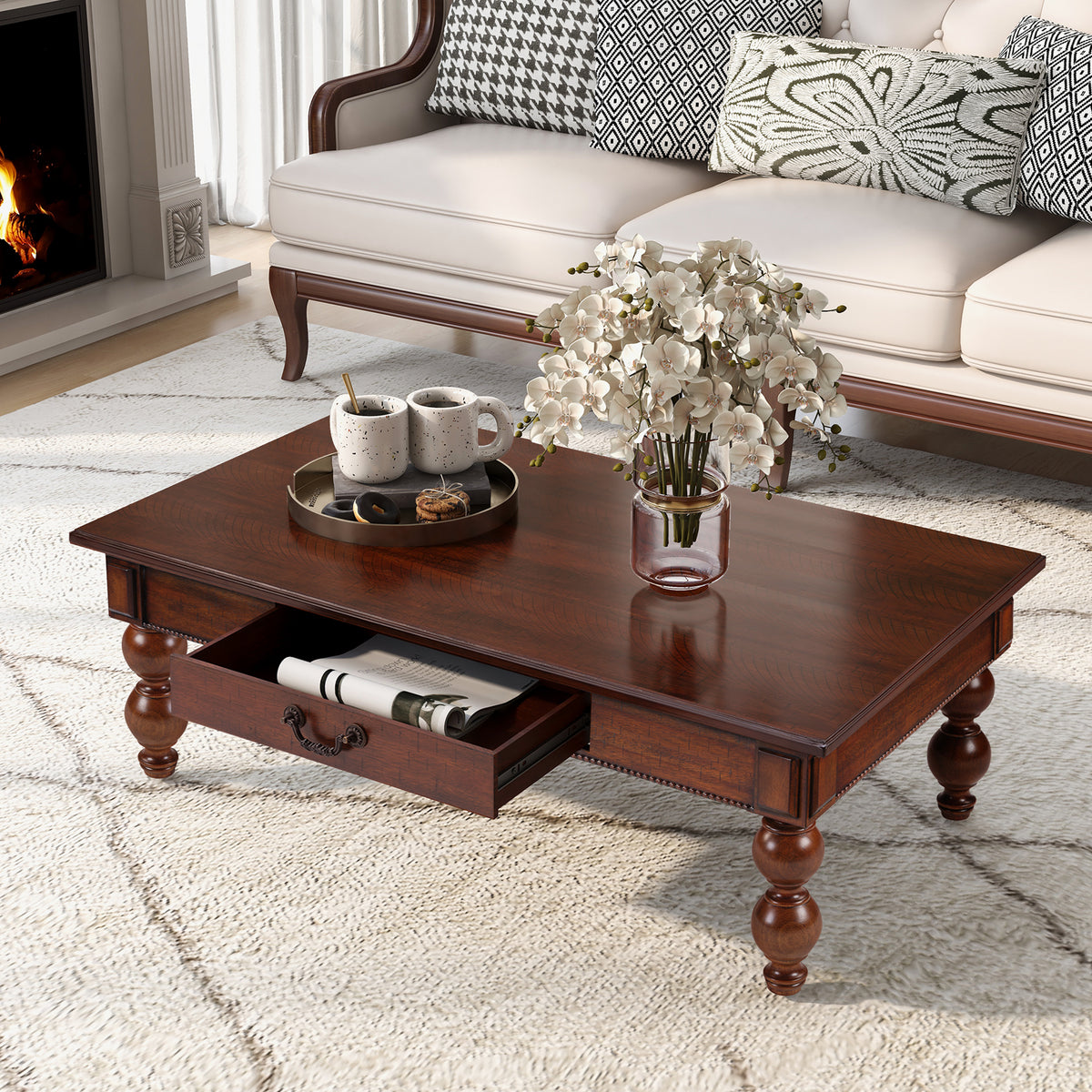 Walnut Rustic Turned-Leg Coffee Table with Drawer, 47 in