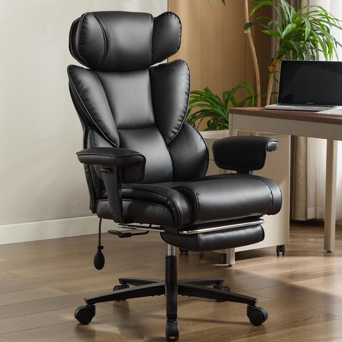Black Vegan Leather Gaming Chair, Footrest, 300 lb, 43.3 in Tall