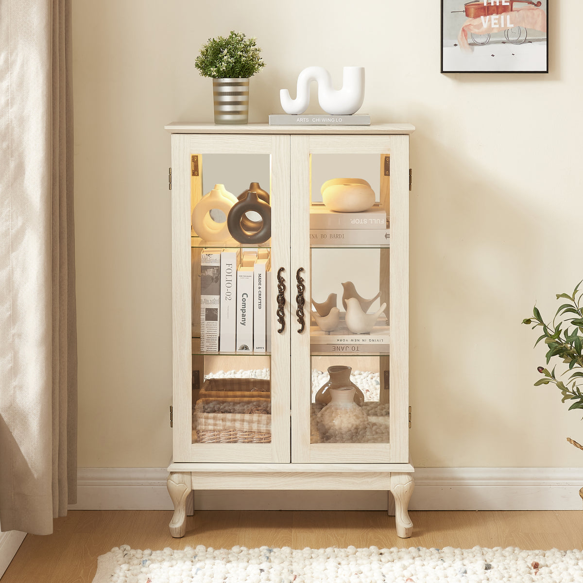 2-Door Glass Display Cabinet, White, Lighted Mirrored Back