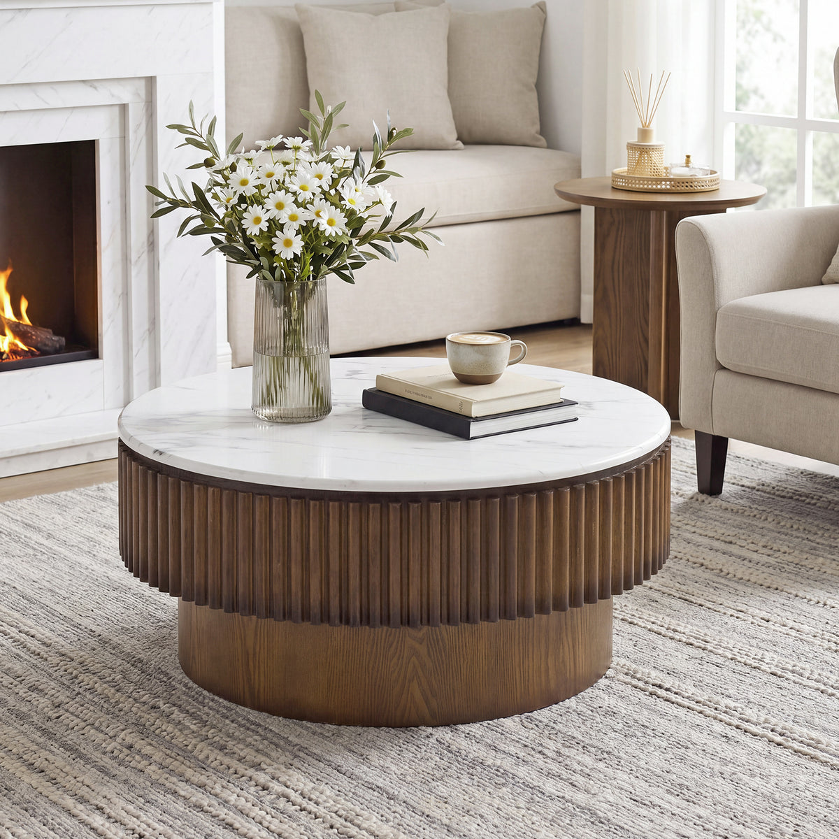 Brown Fluted Round Coffee Table with Marble-Look Top and Storage, 31.5 in