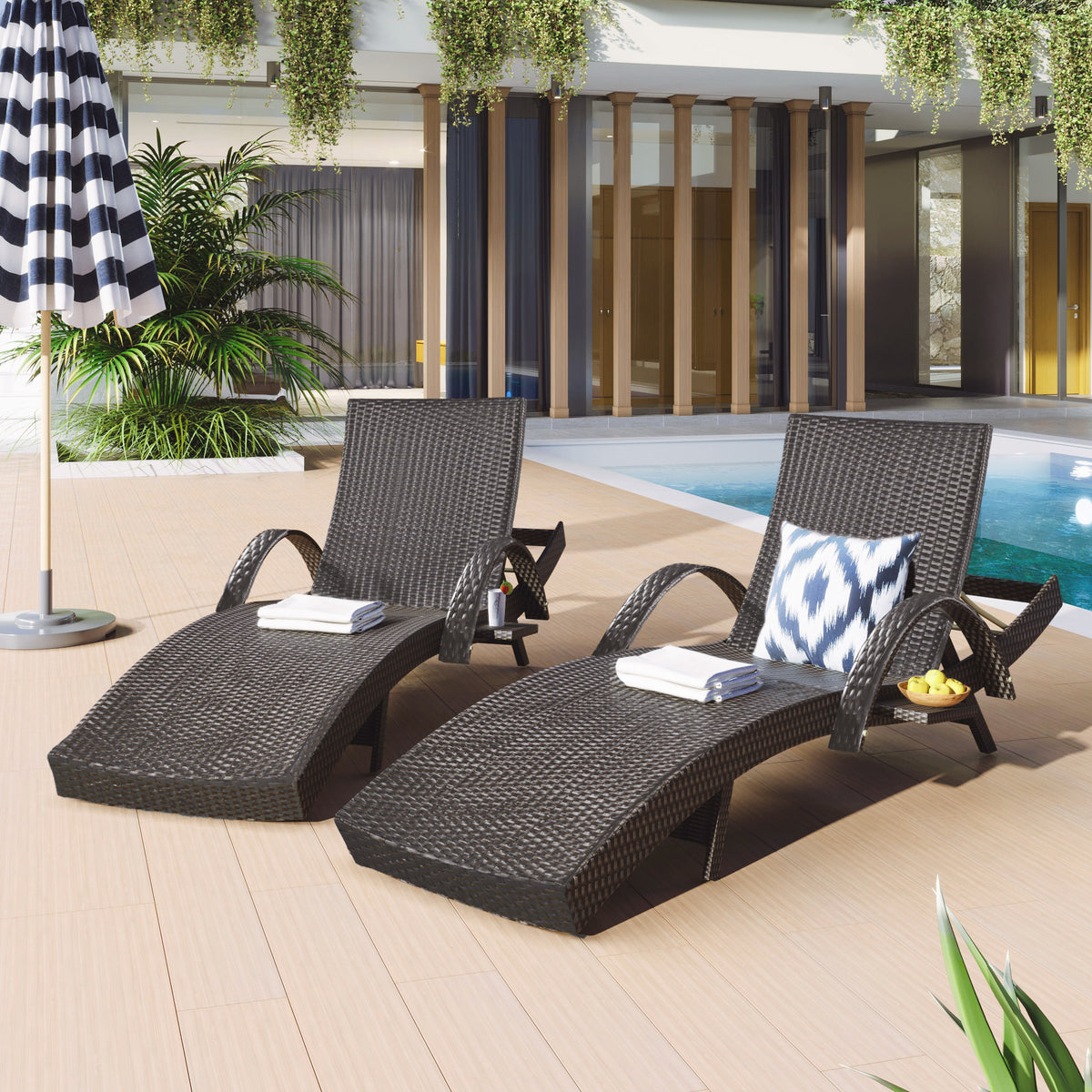 Dark Brown Wicker Adjustable Outdoor Chaise Lounge, Set of 2