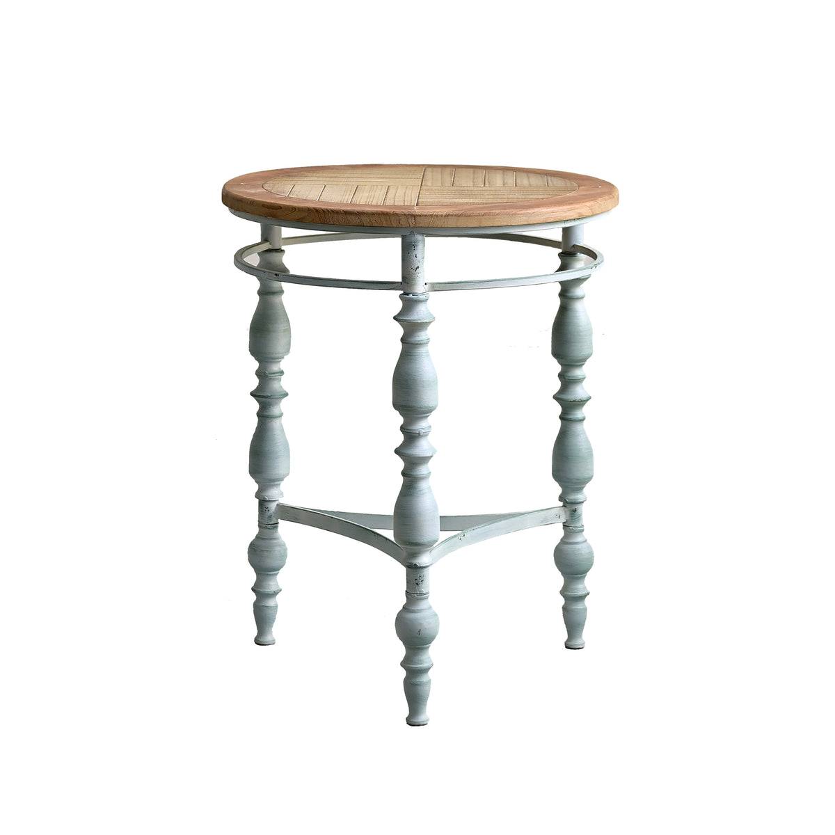 Natural and Blue Rustic Round Coffee Table with Turned Legs, 20.1 in