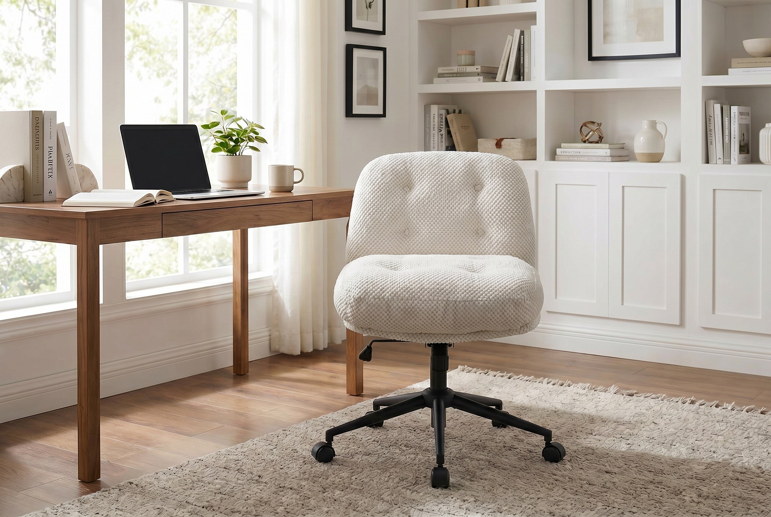 White Fabric Office Chair with Black Base, Height Adjustable, 300 lb