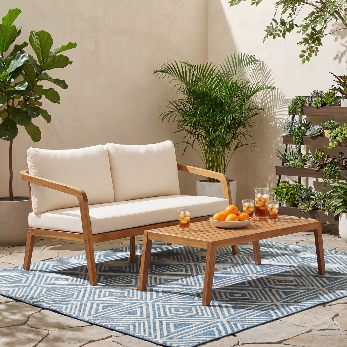 Teak Finish Solid Wood 2-Piece Outdoor Sofa Set for 2 with Cream Cushions