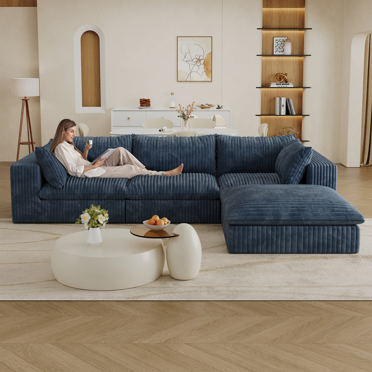 Blue Corduroy Modular 3-Seat Couch with Ottoman, 118.2 in Wide