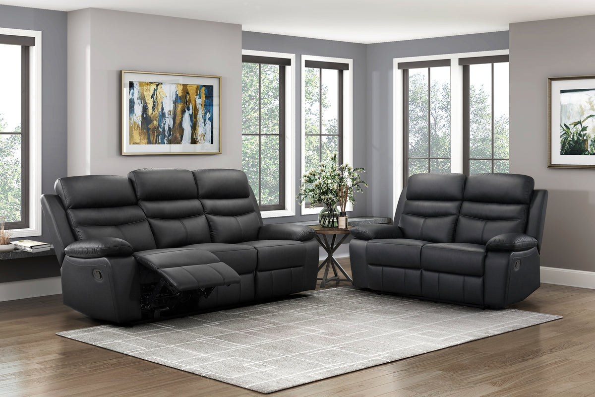 Black Genuine Leather Reclining Sofa and Loveseat Set