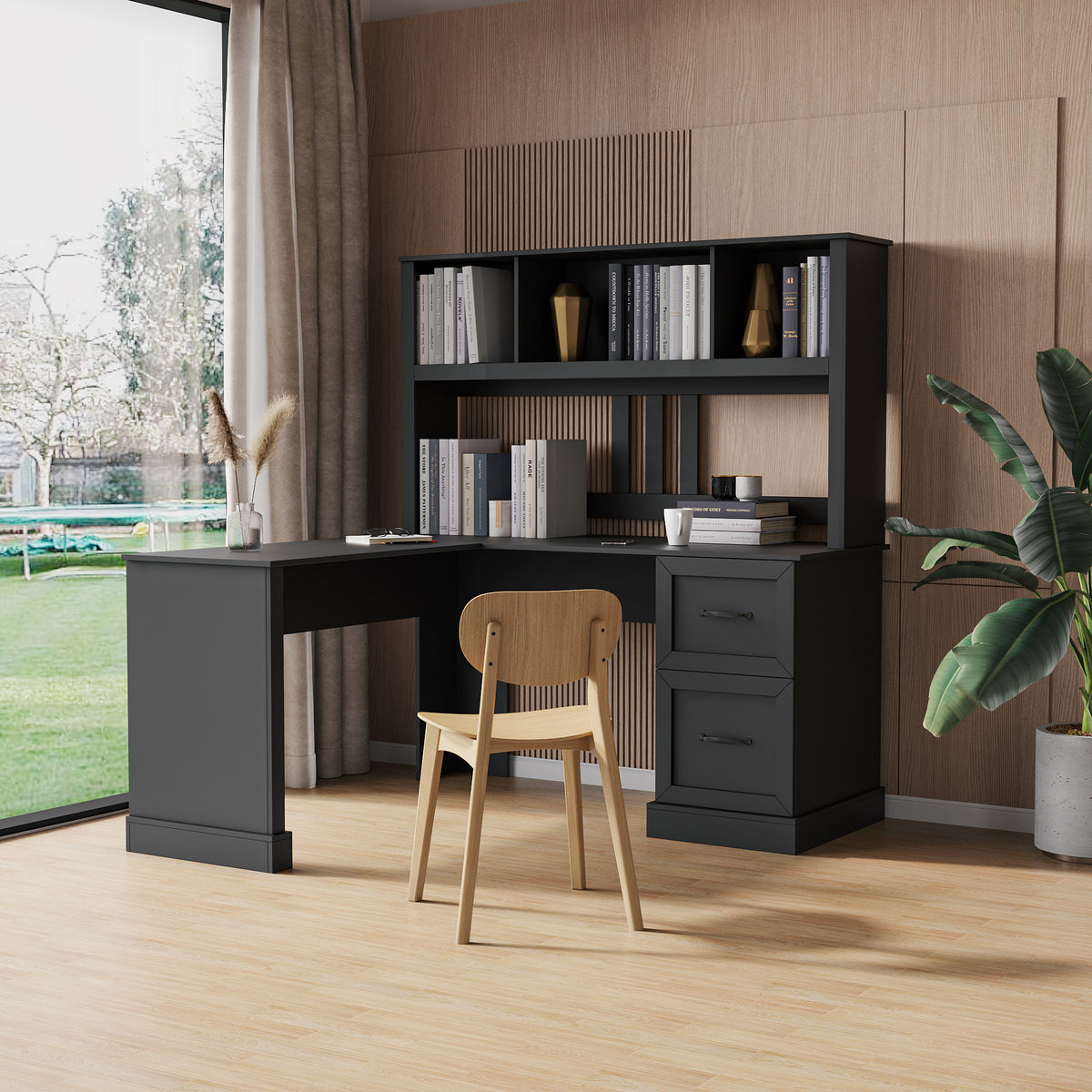 Computer Desk with Hutch, 2 Tiers, 59.8 in, Black