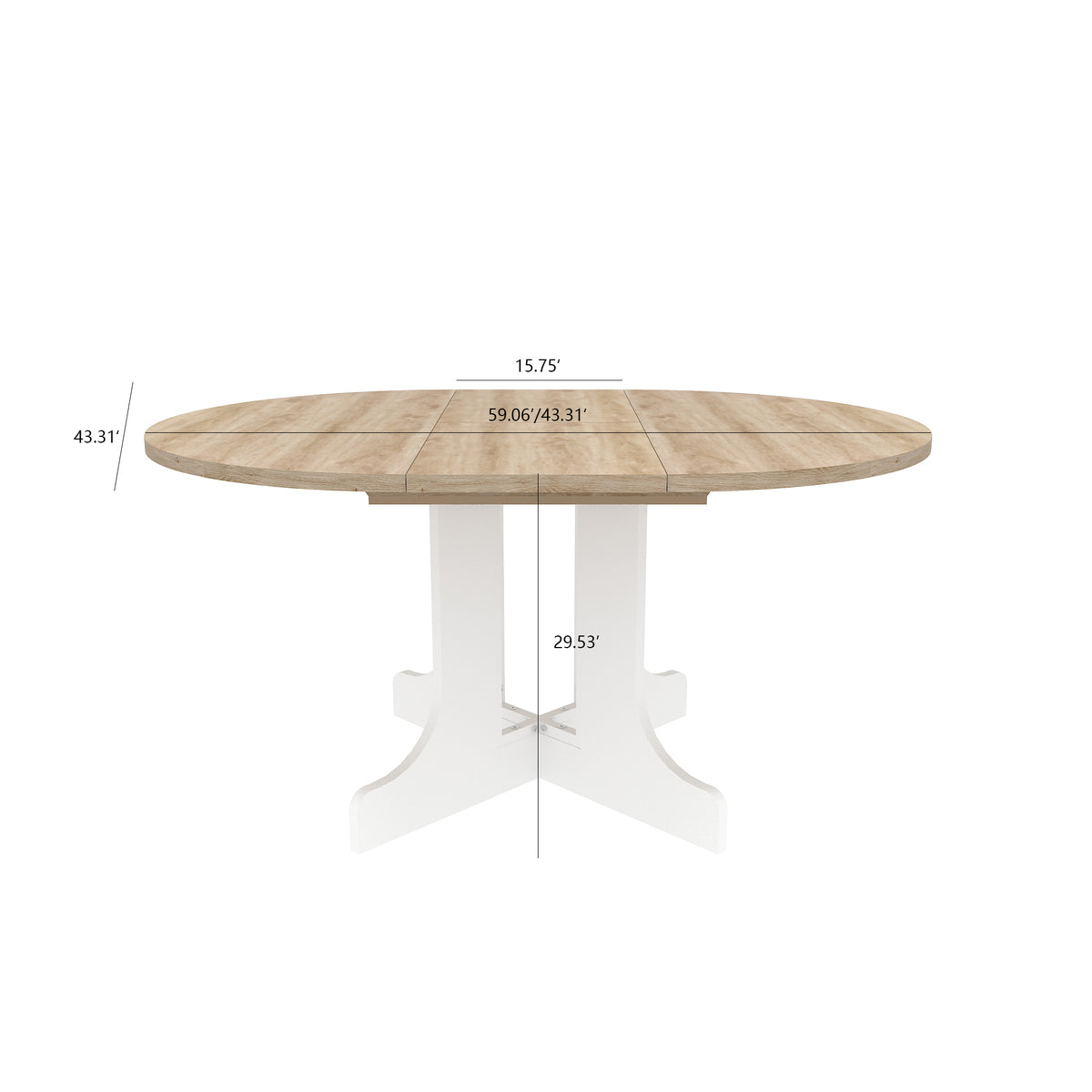 Dimension diagram showing the table 43.31 inches wide, extending to 59.06 inches, 29.53 inches tall