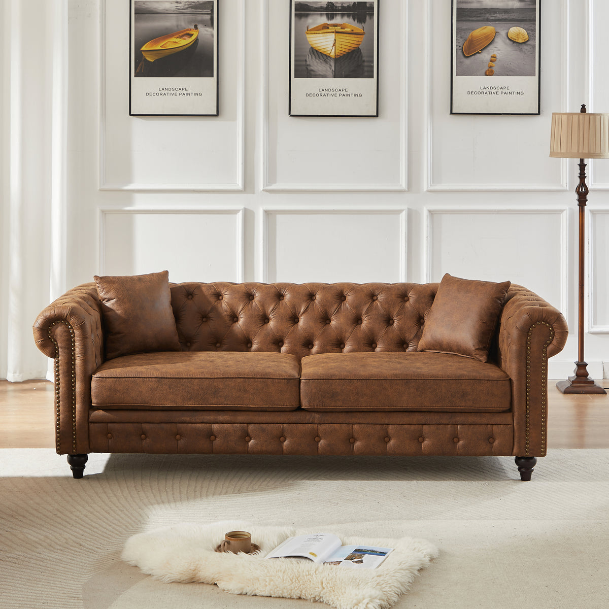 Brown 3-Seat Tufted Chesterfield Sofa, 85.5 in Wide