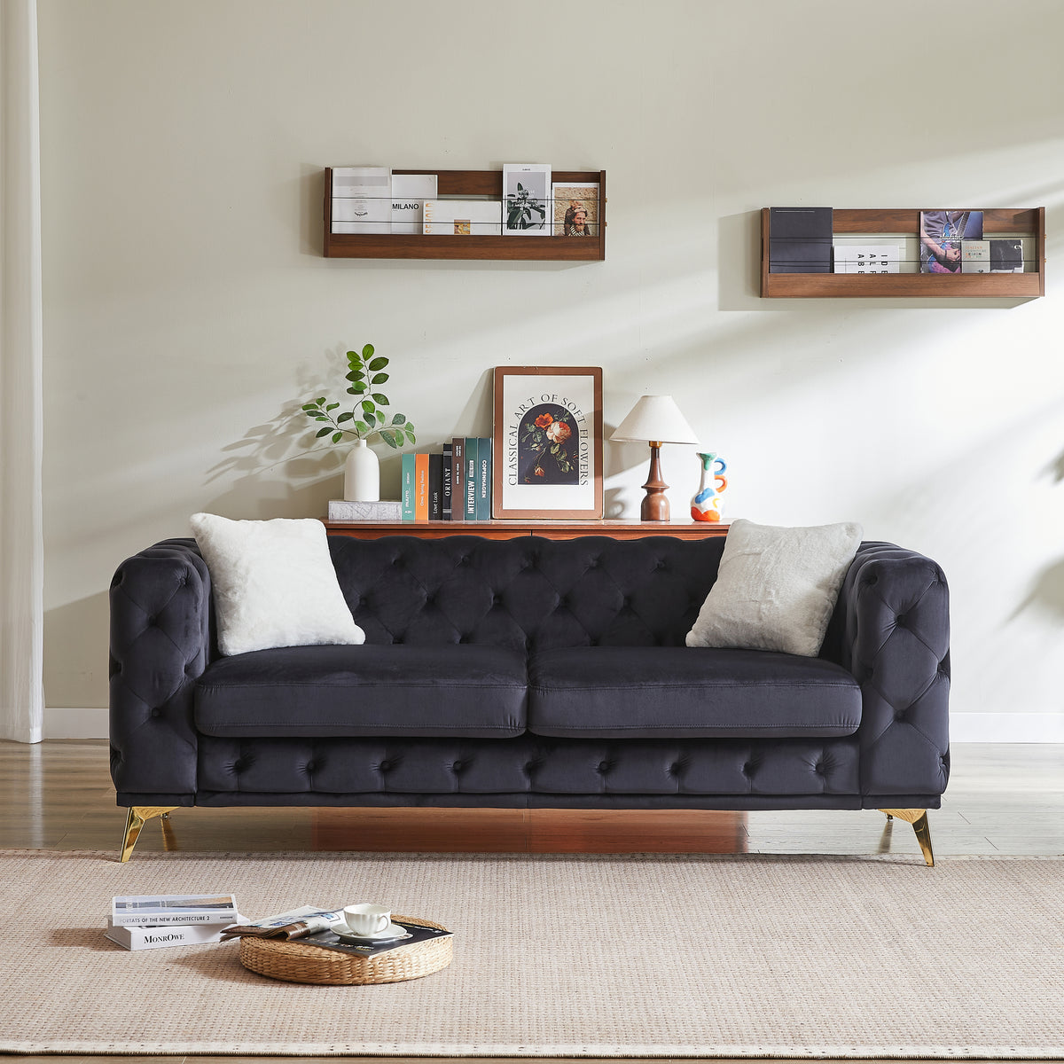 Black Velvet 3-Seat Tufted Chesterfield Sofa, 82.5 in Wide