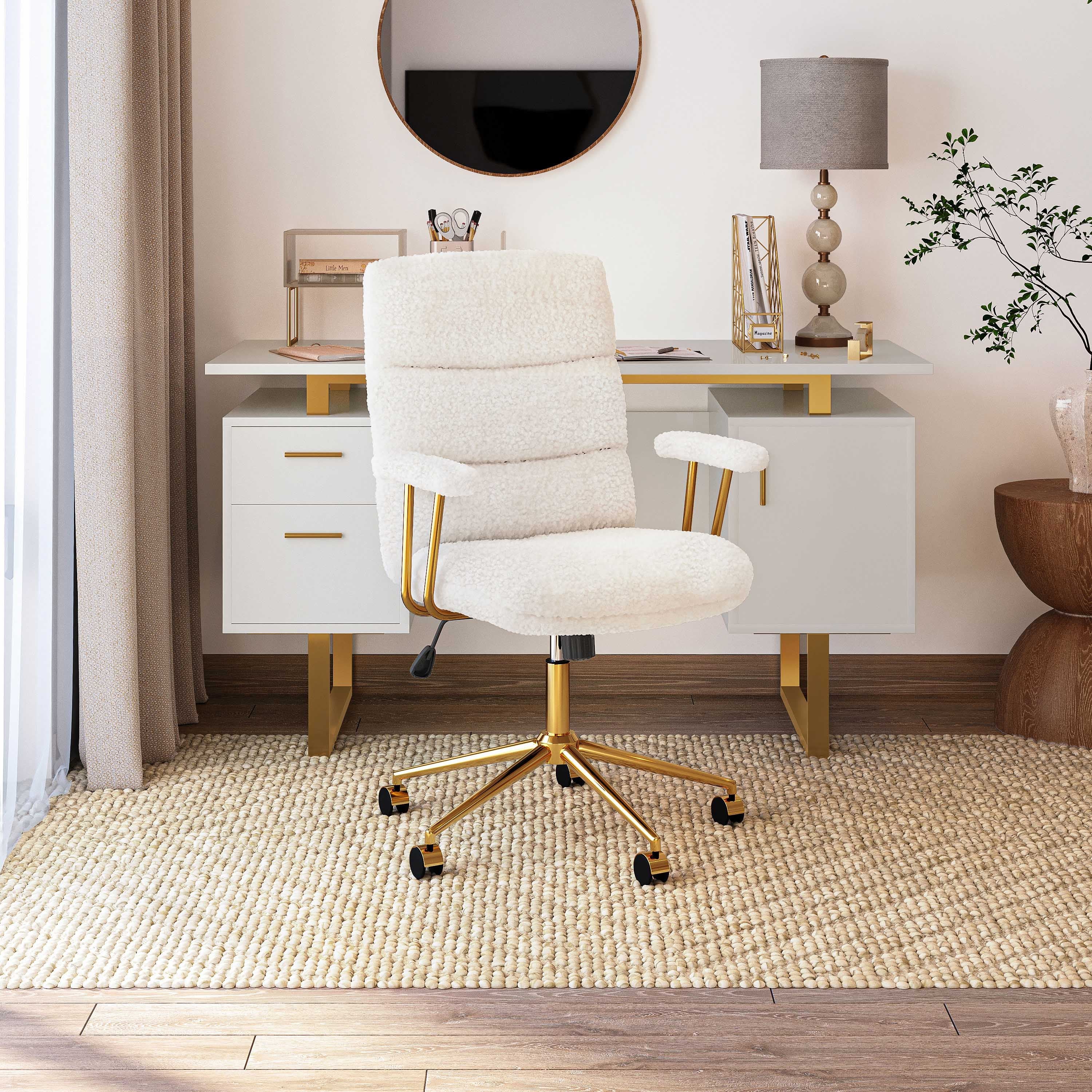 White Boucle Office Chair with Gold Base, Height Adjustable