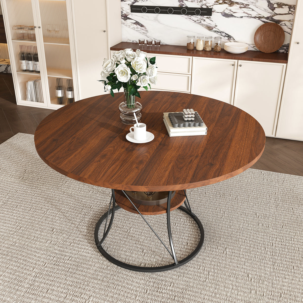 Walnut extendable round dining table in round mode with roses in a kitchen, three-quarter view
