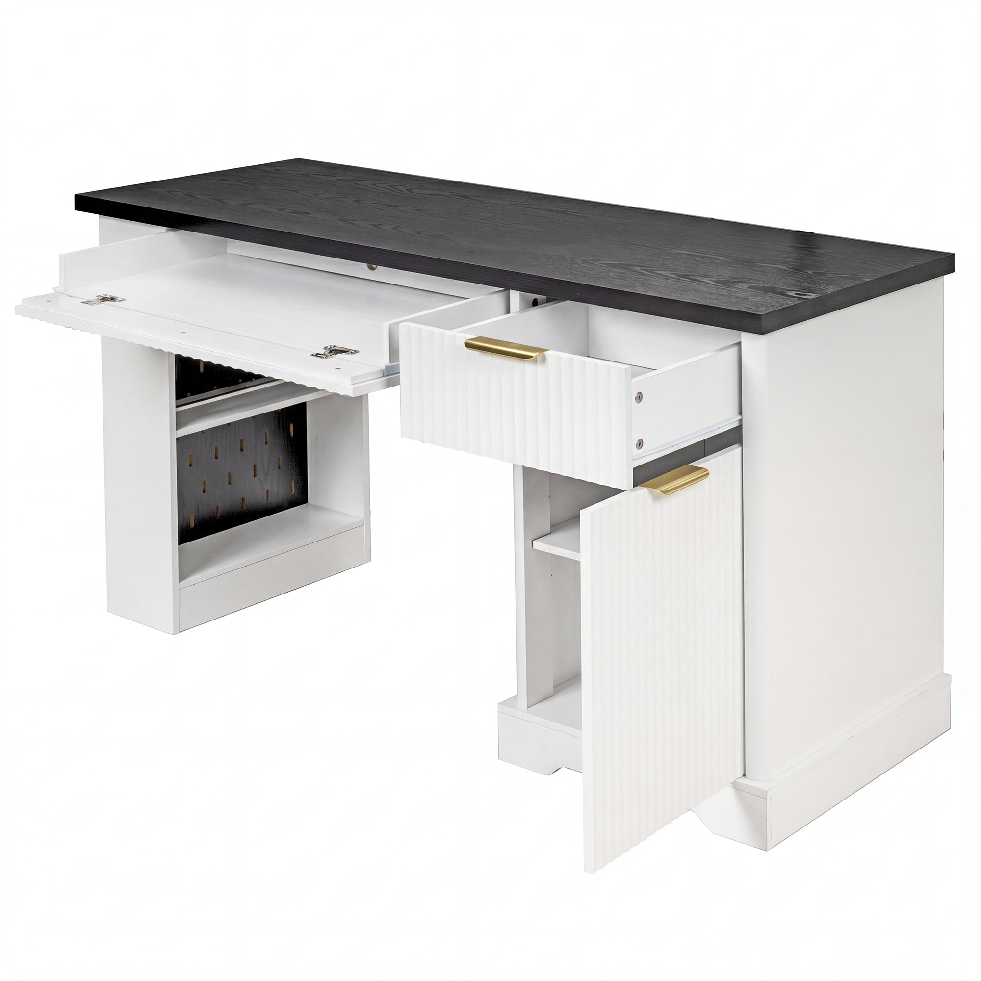 Modern Fluted Computer Desk with Keyboard Tray, 55.1 in, White